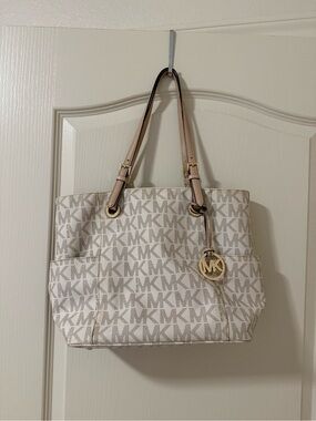Michael Kors Cream and Tan MK Logo Tote with Gold Charm